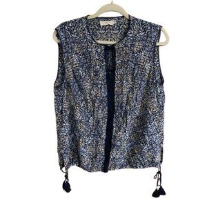 Tory Burch Navy Blue Floral Sleeveless Tassel Hem Women's Silk 12 Blouse Top EUC